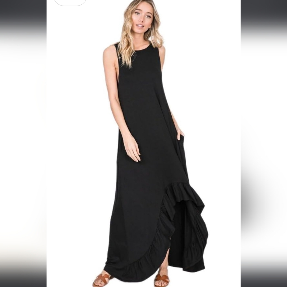 Heimish Sleeveless Solid Ruffled Hi Low Maxi Dress with Side Pockets.